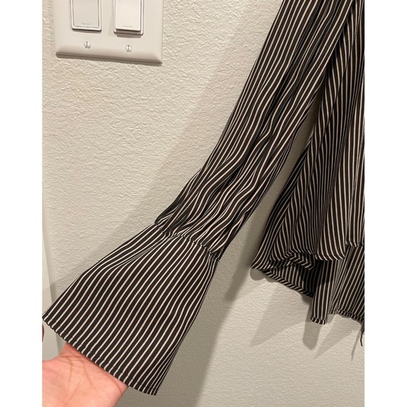 FREE PEOPLE Striped Black Cream Pleat Button Bell Sleeve Blouse - Picture 5 of 10